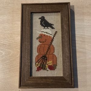 Rustic Framed Handmade Pumpkin/ Bird Needlepoint